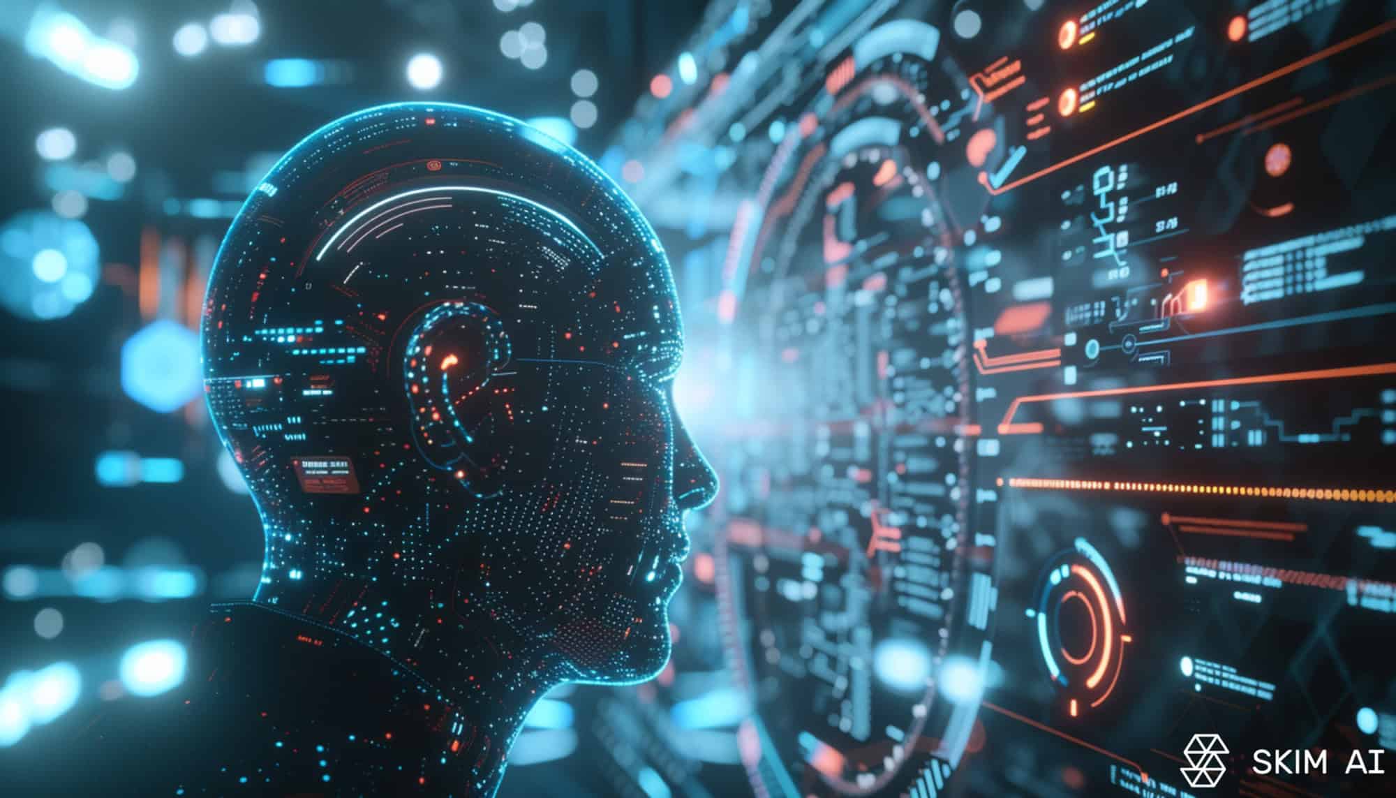 human-like head silhouette with a complex network of glowing data points