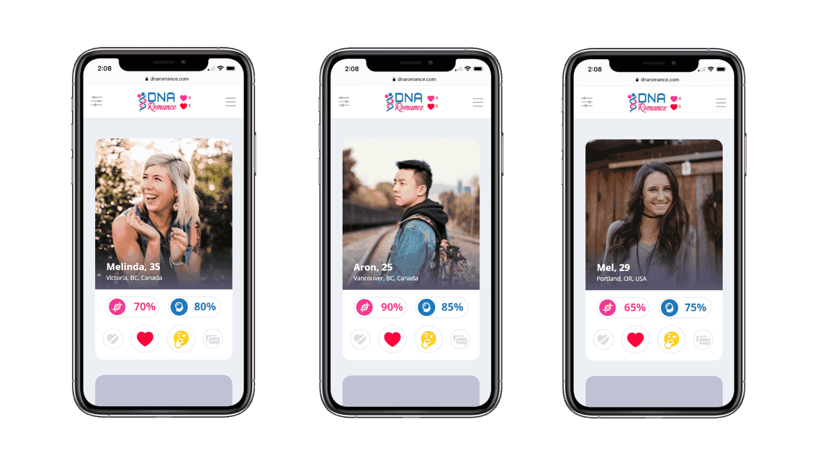 Three phones showing dating app interface, each with a different match