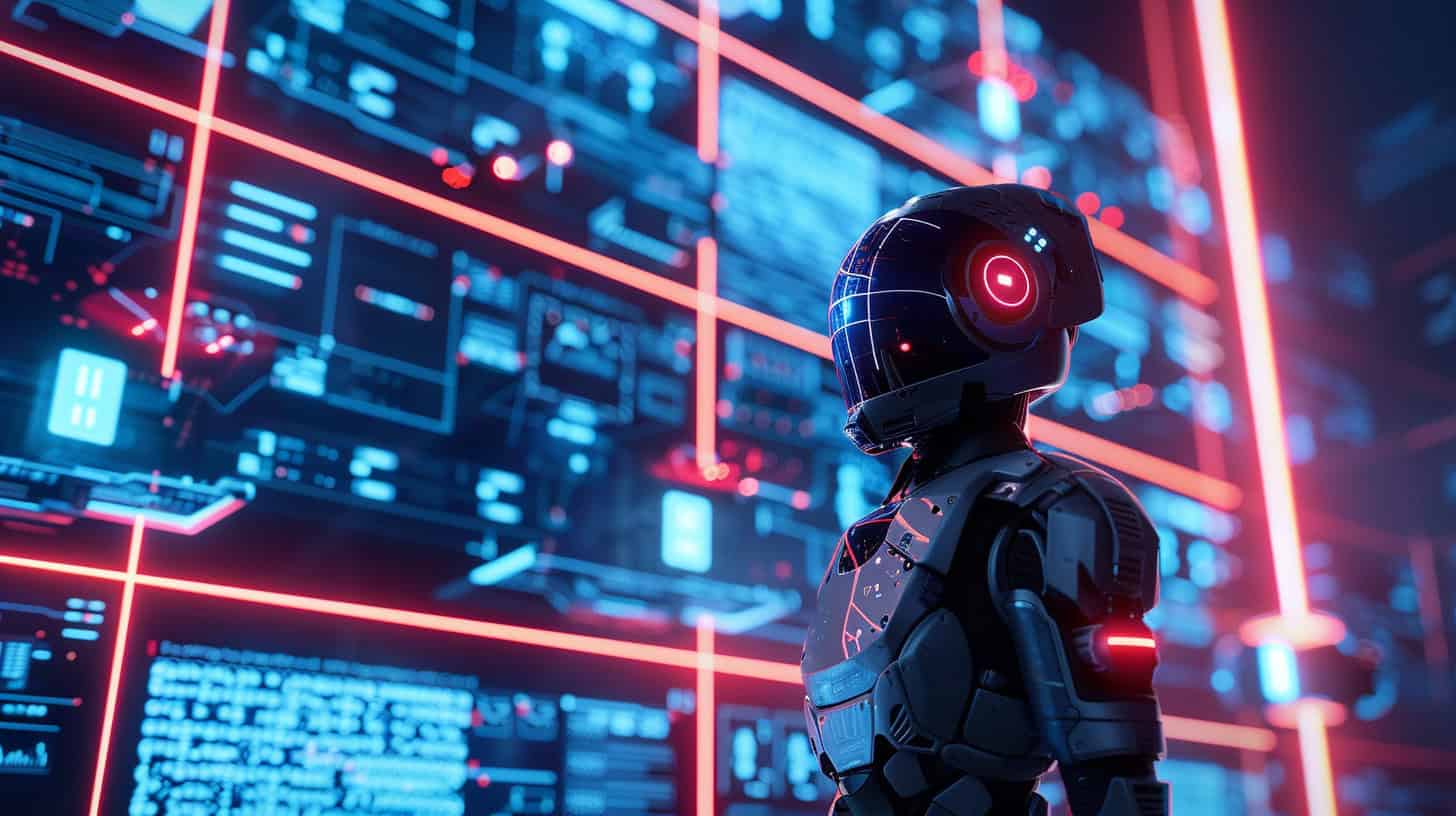 Humanoid robot standing in front of holographic screens and red lasers