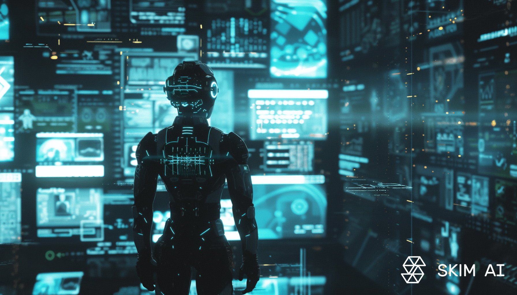 Humanoid robot staring at wall of monitors