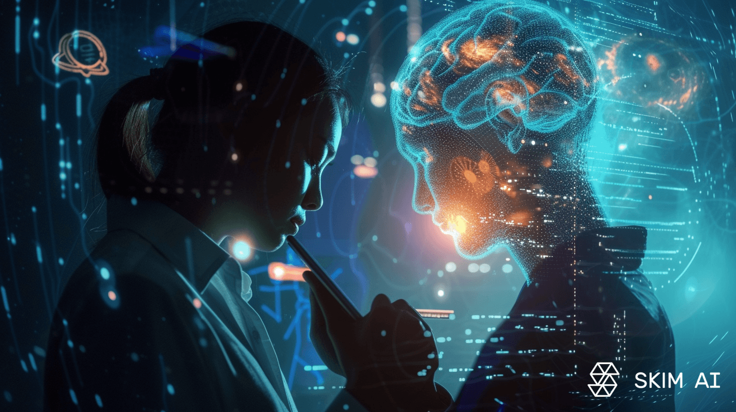 woman standing next to hologram of virtual entity using phone