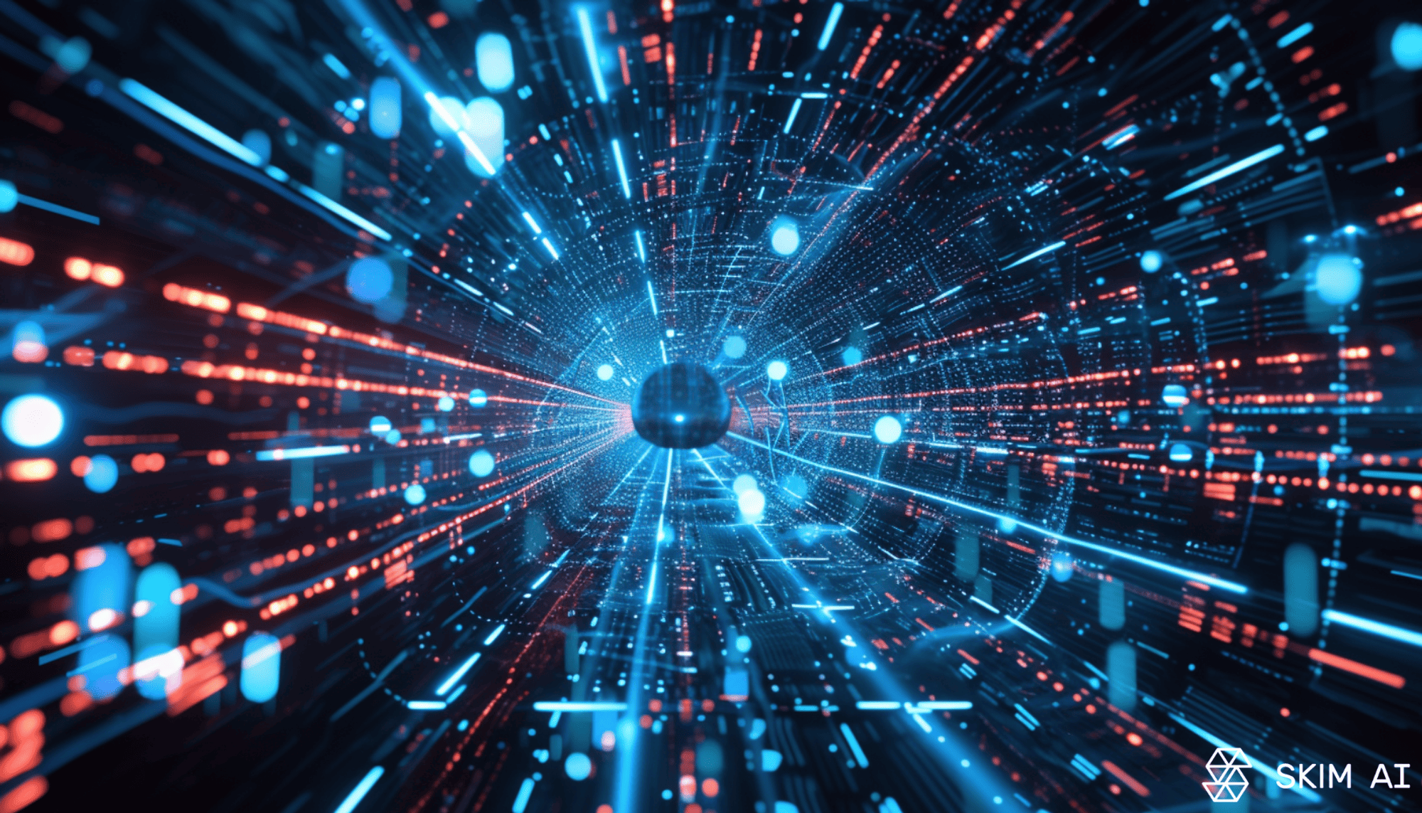 túnel digital com uma esfera central rodeada de rastos de luz
